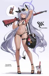 Rule 34 | 1girl, absurdres, arm behind head, arm up, armpits, bag, bandaid, bandaid on knee, bandaid on leg, bare arms, bare shoulders, bikini, bilibili xiaolu, black bikini, black choker, black footwear, black gloves, blue archive, bolt action, breasts, choker, cup, dark-skinned female, dark skin, demon tail, disposable cup, eyewear on head, flower, full body, gloves, gluteal fold, grey hair, gun, hair flower, hair ornament, hair over one eye, half gloves, halo, halterneck, high heels, highres, holding, holding gun, holding weapon, iori (blue archive), iori (swimsuit) (blue archive), long hair, looking at viewer, mauser 98, medium breasts, multi-strapped bikini bottom, navel, over shoulder, parted lips, red eyes, rifle, sample watermark, sandals, shoulder bag, side-tie bikini bottom, small breasts, solo, spoken object, standing, stomach, strap gap, string bikini, sunglasses, swimsuit, tail, thigh strap, thighs, twintails, very long hair, watermark, weapon, weapon over shoulder, wet