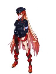 Rule 34 | 1girl, ark order, armband, black hat, black jacket, black thighhighs, blowing bubbles, boots, breasts, chewing gum, flower, full body, hands in pockets, hat, highres, jacket, kzhu, large breasts, long hair, looking at viewer, macha (ark order), official art, peaked cap, red flower, red hair, sidelocks, single leg pantyhose, single thighhigh, solo, tachi-e, thighhighs, transparent background, very long hair, yellow eyes, zipper