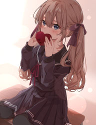 Rule 34 | 1girl, black sailor collar, black serafuku, black shirt, black skirt, blue eyes, blush, bow, box, brown bow, brown hair, commentary request, covered mouth, desk, gift, gift box, hair between eyes, hair bow, heart-shaped box, highres, holding, holding gift, long hair, long sleeves, looking at viewer, neck ribbon, nut megu, on desk, original, plaid, pleated skirt, red ribbon, ribbon, sailor collar, school desk, school uniform, serafuku, shirt, sitting, on desk, skirt, solo, twintails, valentine, very long hair