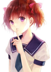 Rule 34 | 1girl, bad id, bad pixiv id, brown hair, finger to mouth, fukahire (ruinon), hair ribbon, highres, looking at viewer, original, purple eyes, ribbon, school uniform, serafuku, short hair, short sleeves, short twintails, simple background, solo, twintails, upper body, white background