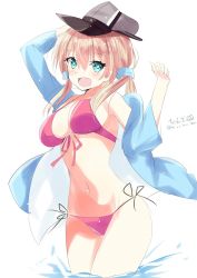 Rule 34 | 1girl, alternate costume, aqua eyes, arm up, bikini, blonde hair, blue jacket, blush, breasts, hair between eyes, hair ornament, halterneck, hat, highres, hizaka, jacket, kantai collection, large breasts, long hair, long sleeves, looking at viewer, low twintails, navel, one-hour drawing challenge, open mouth, peaked cap, pink bikini, prinz eugen (kancolle), side-tie bikini bottom, smile, solo, string bikini, swimsuit, thighs, twintails, twitter username, water, white background