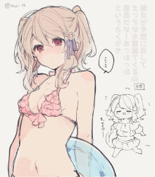 Rule 34 | ..., 1girl, arms behind back, bare shoulders, bikini, blush, breasts, brown hair, chibi, chibi inset, cleavage, closed mouth, collarbone, commentary request, dot mouth, hair between eyes, hair ribbon, holding, holding swim ring, ikeuchi tanuma, innertube, long hair, looking at viewer, multiple views, navel, nose blush, original, parted bangs, pink bikini, raised eyebrows, red eyes, ribbon, short twintails, sidelocks, simple background, sketch, small breasts, solo focus, spoken ellipsis, stomach, string bikini, sweatdrop, swim ring, swimsuit, tino (ikeuchi tanuma), translated, twintails, upper body, white background