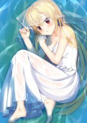 Rule 34 | 1girl, 8kumagawa (log), arihara nanami, bare arms, bare shoulders, barefoot, blonde hair, blush, breasts, bridal veil, bride, cleavage, collarbone, dress, eyelashes, fingernails, full body, furrowed brow, hair between eyes, hair over shoulder, highres, large breasts, legs up, long hair, looking at viewer, lying, no bra, on side, open mouth, red eyes, riddle joker, sidelocks, soles, solo, straight hair, veil, very long hair, water, wedding dress, wet, wet clothes, wet dress, white dress