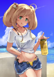 Rule 34 | 1girl, ahoge, alcohol, beach, beer, beer can, bikini, bikini under clothes, blonde hair, blue shorts, blush, breasts, can, collarbone, cutoffs, denim, denim shorts, drink can, green eyes, highres, holding, holding can, idolmaster, idolmaster cinderella girls, leaning back, long hair, looking at viewer, medium breasts, navel, open clothes, open shorts, sato shin, satomura kyou, shirt, short shorts, shorts, side-tie bikini bottom, sidelocks, sky, smile, solo, swept bangs, swimsuit, t-shirt, tied shirt, twintails, white shirt, yellow bikini