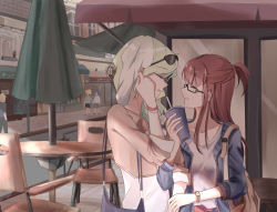 Rule 34 | 2girls, bespectacled, blonde hair, brown hair, casual, couple, diana cavendish, glasses, kagari atsuko, little witch academia, locked arms, mimmf, multiple girls, shade, smile, town, watch, wristwatch, yuri