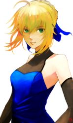 Rule 34 | 1girl, absurdres, ahoge, artoria pendragon (all), artoria pendragon (fate), black dress, blonde hair, blue bow, bow, breasts, cleavage, closed mouth, detached sleeves, dress, fate/stay night, fate (series), green eyes, hair between eyes, hair bow, highres, long sleeves, looking at viewer, moedredd, saber (fate), saber (lapis lazuli dress) (fate), see-through, see-through cleavage, short hair, simple background, sleeveless, sleeveless dress, small breasts, solo, upper body, white background
