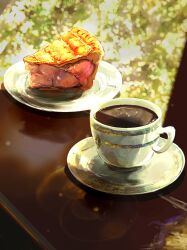 Rule 34 | apple pie, coffee, cup, drink, food, food focus, frying-ammonite, highres, no humans, original, pie, plate, reflection, shadow, still life