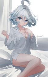 Rule 34 | 1girl, absurdres, ahoge, blue eyes, commentary request, feet out of frame, furina (genshin impact), genshin impact, grey hair, hands up, highres, long sleeves, looking at viewer, mashiro arts, no headwear, shirt, short hair, sitting, solo, thighs, white shirt