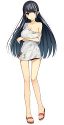 Rule 34 | 1girl, :|, black eyes, black hair, breast lift, breasts, cleavage, closed mouth, crossed arms, detached sleeves, dirty, dirty clothes, full body, hikaru suwara, large breasts, long hair, looking at viewer, official art, patriarch xtasy, sandals, shirt, solo, transparent background, white shirt