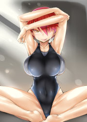 Rule 34 | 1girl, :p, arms up, breasts, competition swimsuit, highleg, highleg swimsuit, huge breasts, legs, looking at viewer, one-piece swimsuit, original, pink hair, sideboob, solo, swimsuit, thighs, tongue, tongue out, usyuuri, yellow eyes