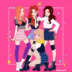 Rule 34 | 4girls, black footwear, blackpink, blonde hair, boots, braid, brown hair, commentary, earrings, english commentary, fishnet pantyhose, fishnets, gloves, hand on another&#039;s shoulder, hand on own chin, hand on own hip, heart, jennie (blackpink), jewelry, jisoo (blackpink), lisa (blackpink), multiple girls, orange hair, pantyhose, pink background, rose (blackpink), see-through, see-through shirt, single glove, skirt, star (symbol), vicki tsai, white footwear