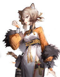 Rule 34 | 1girl, 2k14 chudong, absurdres, animal ears, arknights, arm at side, black shorts, breasts, brown eyes, brown hair, cat ears, cat girl, cat tail, cowboy shot, dress, du yaoye (arknights), eyebrows hidden by hair, fur shawl, highres, long sleeves, open mouth, pelvic curtain, pouch, puffy long sleeves, puffy sleeves, sash, shawl, short shorts, shorts, simple background, small breasts, solo, tail, tassel, underbust, white background, white dress