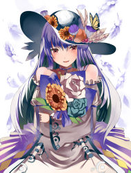 Rule 34 | 1girl, adapted costume, bare shoulders, blue flower, blue hair, blue rose, blush, bouquet, bug, butterfly, choker, detached sleeves, feathers, female focus, flower, food, fruit, hat, hat flower, hinanawi tenshi, bug, kureha (ironika), long hair, looking at viewer, hugging object, peach, red eyes, ribbon choker, rose, smile, solo, sunflower, touhou, white flower, white rose