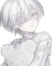 Rule 34 | + +, 1boy, albino, androgynous, commentary, cross, cross earrings, crown, earrings, eyepatch, flower, highres, jewelry, latin cross, long sleeves, looking at viewer, looking to the side, male focus, meme, mini crown, original, pale skin, parted lips, rose, shirt, short hair, simple background, stuffed animal, stuffed toy, symbol-only commentary, teddy bear, twitter rabbit ears (meme), white background, white flower, white hair, white rose, white shirt, white theme, ylu
