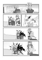 Rule 34 | 1boy, 1girl, animal, animal on head, animal on shoulder, arven (pokemon), blush, chair, character request, check character, clinging, creatures (company), cup, desk, flareon, game freak, gen 1 pokemon, gen 2 pokemon, gen 4 pokemon, gen 6 pokemon, glasses, greyscale, hair over one eye, holding, holding animal, hood, hood down, hoodie, jitome, jolteon, laughing, leafeon, long sleeves, medium hair, mojo sn, monitor, monochrome, multicolored hair, musical note, nintendo, office chair, on head, one eye covered, outstretched arms, penis, penny (pokemon), poke ball print, pokemon, pokemon sv, print shirt, shirt, short hair, sitting, streaked hair, surrounded by penises, swivel chair, sylveon, two-tone hair, umbreon, vaporeon, vest