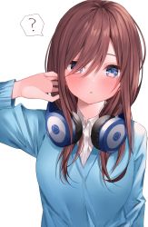 Rule 34 | 1girl, ?, blue eyes, blue sweater, blush, breasts, brown hair, collared shirt, commentary request, dress shirt, eyebrows hidden by hair, eyes visible through hair, go-toubun no hanayome, hair over one eye, hand up, headphones, headphones around neck, highres, komomo (ptkrx), long sleeves, looking at viewer, medium breasts, nakano miku, shirt, simple background, solo, spoken question mark, sweater, upper body, white background, white shirt