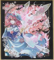 Rule 34 | 1girl, blue dress, breast suppress, cherry blossoms, dress, female focus, flower, hand on another&#039;s chest, hat, highres, outstretched hand, pink eyes, pink hair, saigyouji yuyuko, smile, socha, solo, touhou, triangular headpiece, wings