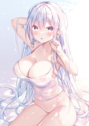 Rule 34 | 1girl, armpit peek, bare legs, bed sheet, blush, bottomless, breasts, camisole, cleavage, collarbone, commentary request, covered navel, feet out of frame, hair between eyes, hand in own hair, highres, large breasts, long hair, looking at viewer, open mouth, original, purple eyes, sidelocks, sitting, solo, very long hair, watagashi yui, white background, white camisole