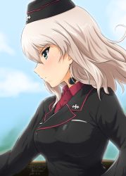 Rule 34 | 1girl, black hat, black jacket, blue eyes, blue sky, blurry, blurry background, cloud, cloudy sky, dated, day, depth of field, diesel-turbo, dress shirt, garrison cap, girls und panzer, hat, highres, insignia, itsumi erika, jacket, kuromorimine military uniform, long sleeves, looking to the side, medium hair, military, military hat, military uniform, outdoors, red shirt, shirt, silver hair, sky, solo, tank cupola, throat microphone, twintails, uniform, wind, wing collar