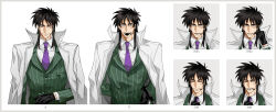 Rule 34 | 1boy, black eyes, black gloves, black hair, closed eyes, coat, collared shirt, commentary request, expressions, facial scar, formal, gloves, green jacket, headset, highres, houlong siche, itou kaiji, jacket, kaiji, long hair, looking at viewer, male focus, medium bangs, multiple views, necktie, one eye closed, open mouth, purple necktie, scar, scar on cheek, scar on face, shirt, simple background, smile, striped clothes, striped jacket, suit, upper body, vertical-striped clothes, vertical-striped jacket, white background, white coat, white shirt
