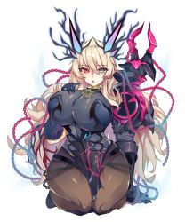 Rule 34 | 1girl, abs, absurdres, armor, bare shoulders, black dress, blonde hair, blue eyes, breasts, brown pantyhose, chain, covered navel, dress, barghest (fate), barghest (second ascension) (fate), fate/grand order, fate (series), gauntlets, heterochromia, highres, horns, kive, large breasts, long hair, looking at viewer, muscular, muscular female, open mouth, pantyhose, pauldrons, pelvic curtain, red eyes, seiza, shoulder armor, simple background, sitting, solo, thighs, very long hair