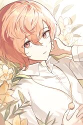 Rule 34 | 1boy, brown eyes, collared shirt, floral background, flower, gold necklace, goo ouob, grey background, jewelry, looking at viewer, lying, male focus, miyama kei, necklace, on back, orange hair, paradox live, shirt, short hair, solo, white shirt, yellow flower