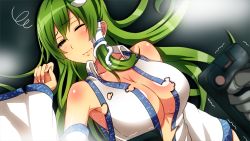 Rule 34 | 1 (kawaseha), 1girl, armpits, bare shoulders, blurry, blush, breasts, cleavage, collarbone, defibrillator, depth of field, detached sleeves, frog hair ornament, green eyes, green hair, hair ornament, hair tubes, japanese clothes, kochiya sanae, large breasts, long hair, long sleeves, lying, matching hair/eyes, miko, on back, one eye closed, out of frame, pov, pov hands, snake hair ornament, solo focus, squiggle, sweat, torn clothes, touhou, trembling, wide sleeves