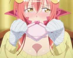 Rule 34 | 10s, 1girl, bandages, blush, breasts, cleavage, gradient background, highres, lamia, long hair, miia (monster musume), monster girl, monster musume no iru nichijou, panties, red hair, solo, standing, stitched, third-party edit, underwear, yellow eyes