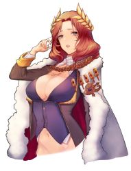 Rule 34 | 1girl, blush, breasts, buttons, cape, chain, cleavage, destiny child, fur trim, grey eyes, highres, large breasts, laurel crown, mammon (destiny child), medium hair, milk4290, navel, no pants, orange hair, parted lips, simple background, solo, upper body, white background, white cape