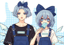 Rule 34 | 1boy, 1girl, alternate costume, bangs pinned back, black shirt, blue background, blue bow, blue eyes, blue hair, blue nails, blush, bow, cirno, collarbone, commentary, denim, dual persona, earrings, eating, feeding, food, forehead, frown, gender request, genderswap, hair between eyes, hair bow, hand up, hexagram, holding, holding food, ice, ice cream, ice wings, jewelry, kyouda suzuka, looking at viewer, nail polish, open mouth, pocket, polka dot, polka dot background, raised eyebrow, shirt, short hair, short sleeves, side-by-side, snowflakes, suspenders, teeth, touhou, upper body, upper teeth only, white background, white shirt, wide-eyed, wide sleeves, wings