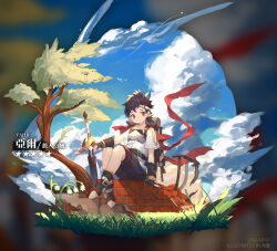 Rule 34 | 1boy, artist name, backpack, bag, black hair, character name, closed mouth, cloud, dated, day, feather hair ornament, feathers, flower, grass, hair ornament, headband, highres, looking at viewer, low ponytail, male focus, original, outdoors, planted, planted sword, planted weapon, ponytail, purple eyes, short ponytail, shorts, sitting, sky, solo, sword, tree, tsukibara, weapon, white flower