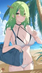 Rule 34 | 1girl, absurdres, antlers, bag, bare shoulders, beach, bikini, blue sky, branch, breasts, ceres fauna, choker, cloud, collarbone, commentary, earrings, gradient hair, green hair, hair between eyes, hairclip, highres, hololive, hololive english, horns, jewelry, large breasts, long hair, looking at viewer, mole, mole under eye, multicolored hair, o-ring, o-ring bikini, o-ring choker, ocean, outdoors, palm tree, sand, sandals, shoulder bag, sky, smile, solo, starfish, swimsuit, symbol-only commentary, tree, tree horns, udonpan, unworn hair ornament, unworn hairclip, virtual youtuber, water, white bikini, yellow eyes
