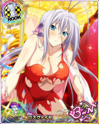 Rule 34 | 1girl, antenna hair, aqua eyes, blush, breasts, card (medium), character name, chess piece, cleavage, dress, embarrassed, covered erect nipples, hair ribbon, high school dxd, high school dxd born, jacket, large breasts, long hair, looking at viewer, official art, orange dress, panties, parted lips, ribbon, rook (chess), rossweisse, silver hair, solo, source request, torn clothes, trading card, underwear, very long hair