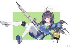 Rule 34 | 1girl, ahoge, animal ears, astropigy, bag of chips, belt, black hair, blue archive, blue shirt, blue skirt, blush, breasts, bright pupils, buckle, closed mouth, fake animal ears, green neckerchief, gun, hairband, halo, highres, holding, holding gun, holding weapon, knee pads, leaf, leaf on head, long hair, long sleeves, looking at viewer, messy hair, miyu (blue archive), neckerchief, pantyhose, pouch, raised eyebrows, red eyes, sailor collar, shirt, shoes, single knee pad, skirt, small breasts, smile, snap-fit buckle, sneakers, solo, thighband pantyhose, weapon, white footwear, white pantyhose, white pupils