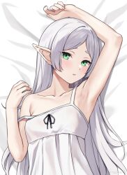 Rule 34 | 1girl, alternate hairstyle, arm up, armpits, artist name, blush, breasts, collarbone, commentary, dress, elf, fingernails, frieren, green eyes, highres, kaetzchen, long hair, looking at viewer, on bed, parted bangs, parted lips, pointy ears, small breasts, solo, sousou no frieren, straight hair, strap slip, very long hair, white dress, white hair