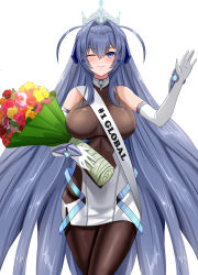 Rule 34 | 1girl, ;3, absurdres, ahoge, arm support, azur lane, bare shoulders, blue eyes, blue hair, blush, bodystocking, bouquet, breasts, clothing cutout, commentary, commission, covered collarbone, cowboy shot, crown, dress, elbow gloves, english commentary, flower, gloves, hair between eyes, hair intakes, headgear, highres, holding, holding bouquet, large breasts, long hair, looking at viewer, new jersey (azur lane), one eye closed, sash, second-party source, side cutout, sidelocks, simple background, smile, solo, standing, toy bits, vambraces, very long hair, white background, white dress, white gloves