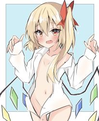 Rule 34 | 1girl, bad id, bad twitter id, blonde hair, blue background, blush, bow, cowboy shot, crystal, fang, flandre scarlet, flat chest, groin, hair between eyes, hair bow, highres, long hair, long sleeves, looking at viewer, navel, nono54558, one side up, open clothes, open mouth, open shirt, outside border, red bow, red eyes, shirt, simple background, solo, standing, touhou, white shirt, wings