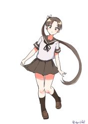 Rule 34 | 1girl, absurdres, ayanami (kancolle), black socks, brown eyes, brown hair, brown sailor collar, brown skirt, highres, kantai collection, leaning to the side, loafers, long hair, pleated skirt, robinson (day l full), sailor collar, school uniform, serafuku, shirt, shoes, side ponytail, simple background, skirt, skirt hold, socks, solo, twitter username, very long hair, white background, white shirt