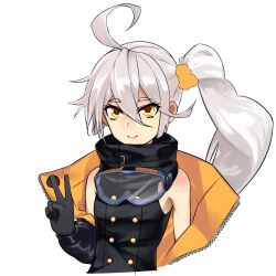 Rule 34 | 1girl, antenna hair, black gloves, breasts, detached sleeves, etu, girls&#039; frontline, gloves, goggles, grey hair, highres, pkp (girls&#039; frontline), side ponytail, simple background, sleeveless, sleeveless jacket, small breasts, solo, twitter, upper body, white background, yellow eyes