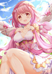 Rule 34 | 1girl, :d, bare shoulders, blue sky, breasts, brown eyes, cleavage, cloud, commentary request, dated, day, dress, feathered wings, feet out of frame, hands up, happy birthday, hoshizaki akari, long hair, looking at viewer, medium breasts, ongeki, open mouth, outdoors, pink hair, sitting, sky, smile, solo, very long hair, white dress, white wings, wings, xenon (for achieve)