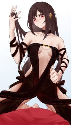 Rule 34 | 1boy, 1girl, absurdres, bare shoulders, barefoot, black choker, black dress, breasts, brown hair, choker, cleavage, closed mouth, clothing cutout, dress, earrings, fate/grand order, fate (series), highres, jewelry, long hair, looking at viewer, navel, navel cutout, red eyes, red shirt, shirt, simple background, solo, v-shaped eyebrows, white background, youya de putongren lei, yu mei-ren (fate)