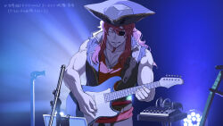 Rule 34 | 1boy, bare arms, braid, braided beard, closed mouth, electric guitar, etrian odyssey, eyepatch, facial hair, grin, guitar, hat, highres, indoors, instrument, light, long hair, male focus, muscular, muscular male, music, music stand, mya-zawa, pectoral cleavage, pectorals, pirate (sekaiju), pirate 1 (sekaiju), pirate hat, playing instrument, red hair, sekaiju no meikyuu, sekaiju no meikyuu 3, sleeveless, smile, solo, upper body