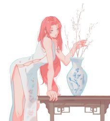 Rule 34 | 1girl, absurdres, architecture, arm support, bare arms, bare legs, bare shoulders, bennopi, blue eyes, bow, braid, china dress, chinese clothes, clothing cutout, commentary, dress, east asian architecture, embodiment of scarlet devil, floral print, hair bow, hair intakes, hand up, highres, hong meiling, leaning forward, long dress, long hair, parted lips, pelvic curtain, pink hair, side cutout, simple background, sleeveless, sleeveless dress, solo, standing, table, touhou, twin braids, vase, white background, white dress