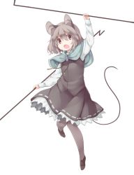Rule 34 | 1girl, adapted costume, akagashi hagane, animal ears, capelet, dowsing rod, full body, grey hair, grey pantyhose, jewelry, long sleeves, mouse ears, mouse tail, nazrin, open mouth, pantyhose, red eyes, shirt, shoes, short hair, simple background, skirt, solo, tail, touhou, white background