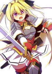 Rule 34 | 1girl, aburana (flower knight girl), armor, blonde hair, character request, flower knight girl, looking at viewer, mizunashi (second run), open mouth, purple eyes, skirt, solo, sword, twintails, weapon