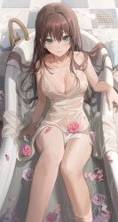 Rule 34 | 1girl, absurdres, bathtub, blue eyes, blush, brown hair, closed mouth, dress, faucet, flower, from above, highres, hy (hem oo), long hair, looking at viewer, mole, mole under eye, navel, original, petals, pink flower, pink rose, rose, see-through, sitting, smile, solo, thighs, very long hair, water