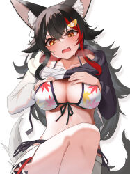 Rule 34 | 1girl, absurdres, animal ear fluff, animal ears, bikini, bikini under clothes, black hair, breasts, breath, clothes lift, collarbone, fang, highres, hololive, hood, hoodie, large breasts, leaf print, lifting own clothes, long hair, maple leaf print, micon, miniskirt, multicolored hair, ookami mio, ookami mio (casual), ookami mio (hololive summer 2019), open mouth, orange hair, skirt, solo, streaked hair, sweat, sweater, sweater lift, swimsuit, tail, virtual youtuber, wolf ears, wolf girl, wolf tail
