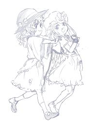 Rule 34 | 2girls, :3, arm at side, bandaid, bandaid on cheek, bandaid on face, bow, closed mouth, eye contact, fang, flandre scarlet, frilled shirt, frilled sleeves, frills, from side, full body, hand up, hands on another&#039;s shoulders, hat, hat bow, hatching (texture), highres, komeiji koishi, leg up, linear hatching, long hair, looking at another, looking back, looking to the side, low wings, mary janes, medium skirt, motsuni (artist), multiple girls, open mouth, outstretched arms, profile, puffy short sleeves, puffy sleeves, raised eyebrow, shirt, shoes, short sleeves, simple background, sketch, skirt, sleeves past elbows, smile, tareme, touhou, walking, wavy hair, white background, wide sleeves, wings, wristband