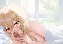 Rule 34 | 1girl, ayul (ayulneri 92), bed sheet, blonde hair, blush, breasts, commentary request, genshin impact, highres, holding hands, indoors, large breasts, looking at viewer, lumine (genshin impact), medium hair, on bed, out of frame, pov, pov across bed, pov hands, sidelocks, solo focus, window, yellow eyes