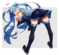 Rule 34 | 1girl, bent over, blue eyes, blue hair, from behind, hatsune miku, heart, hifumi chiyoko, leaning forward, legs, long hair, looking back, matching hair/eyes, skirt, solo, thighhighs, twintails, v, very long hair, vocaloid, zettai ryouiki